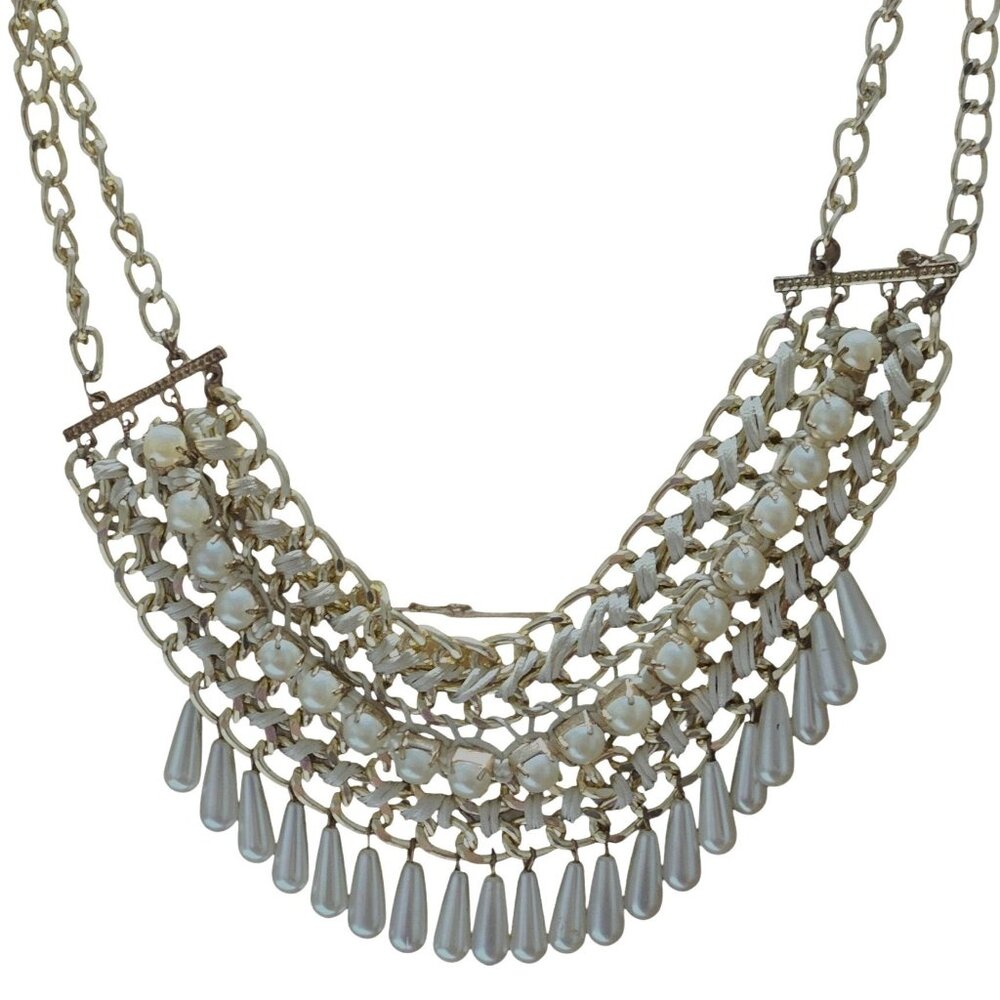 Vintage Elegant Faux Pearl Beaded Net Necklace Bib Collar Gold Tone Statement